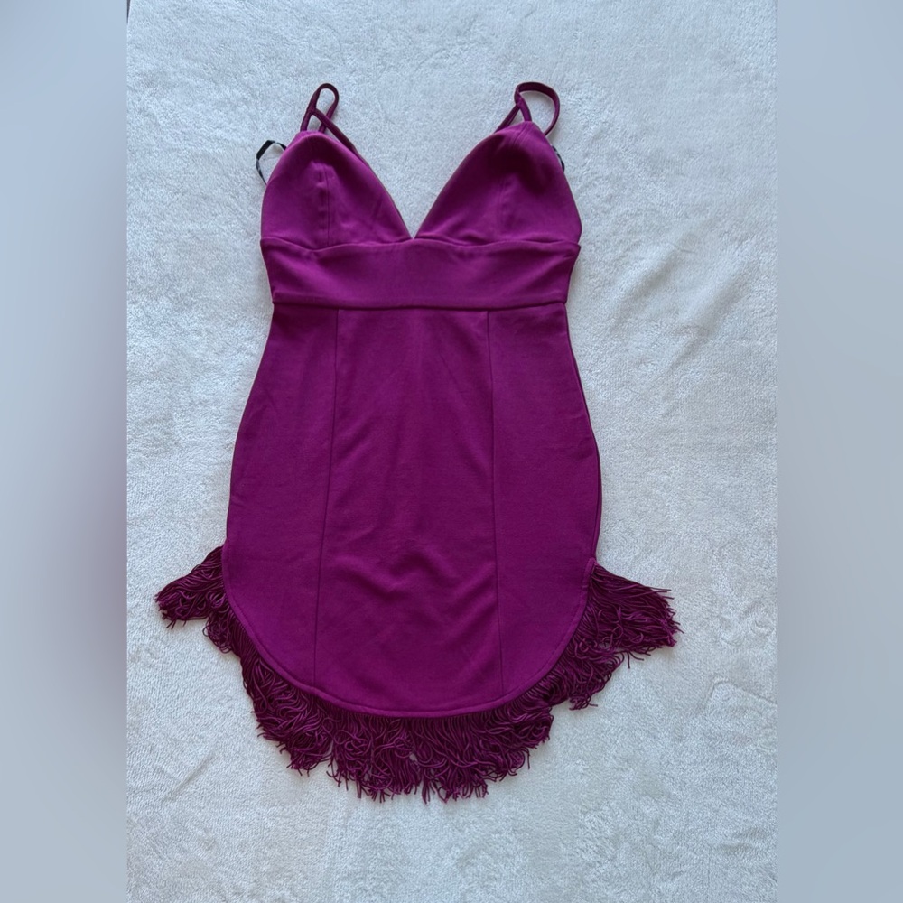 Missguided Magenta Fringe Hem Mini Dress Size 2 Womens Party Dress VNeck Bodycon